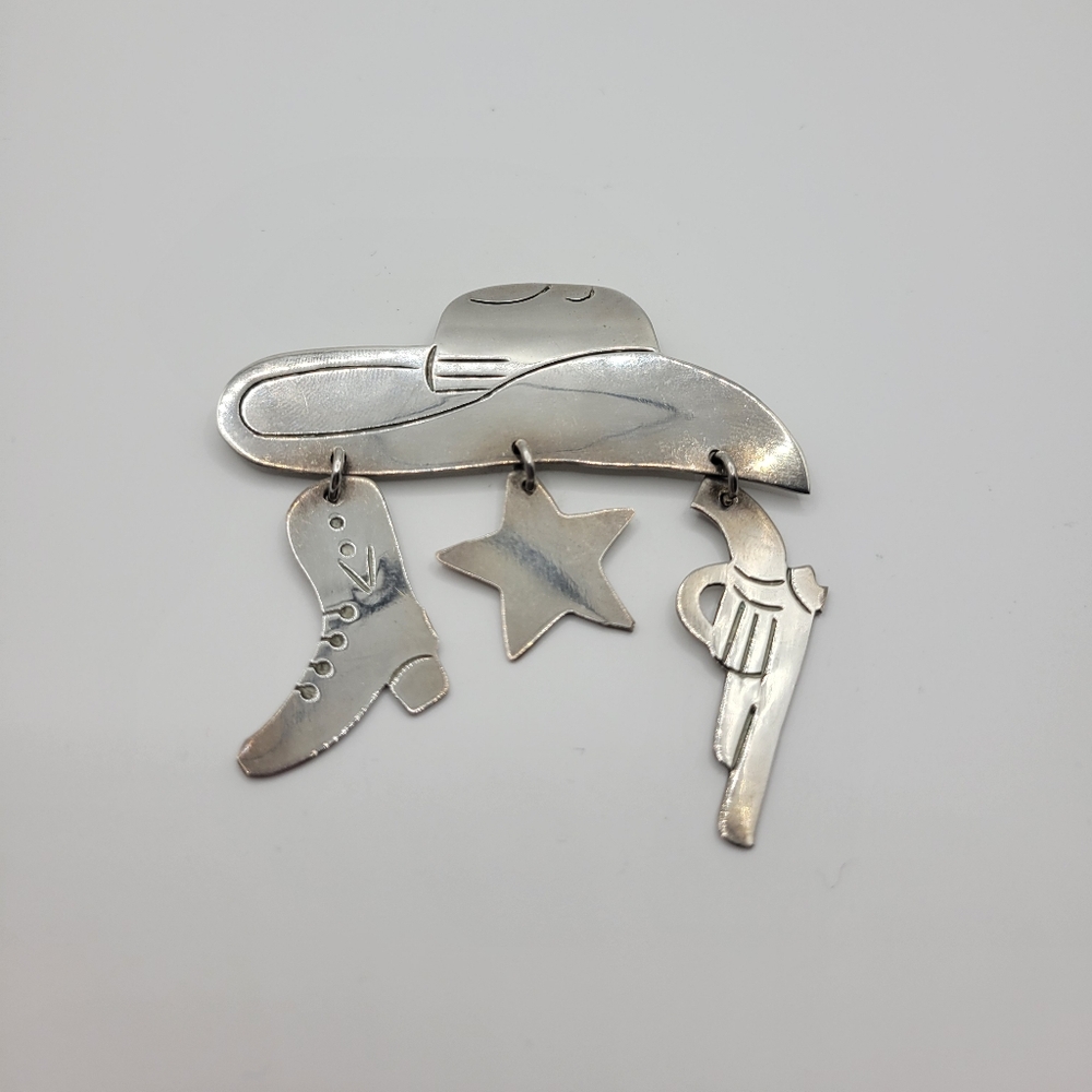 Vintage 925 Sterling Silver Taxco Mexico Large Western Cowboy Hat Pin Brooch - Picture 2 of 12
